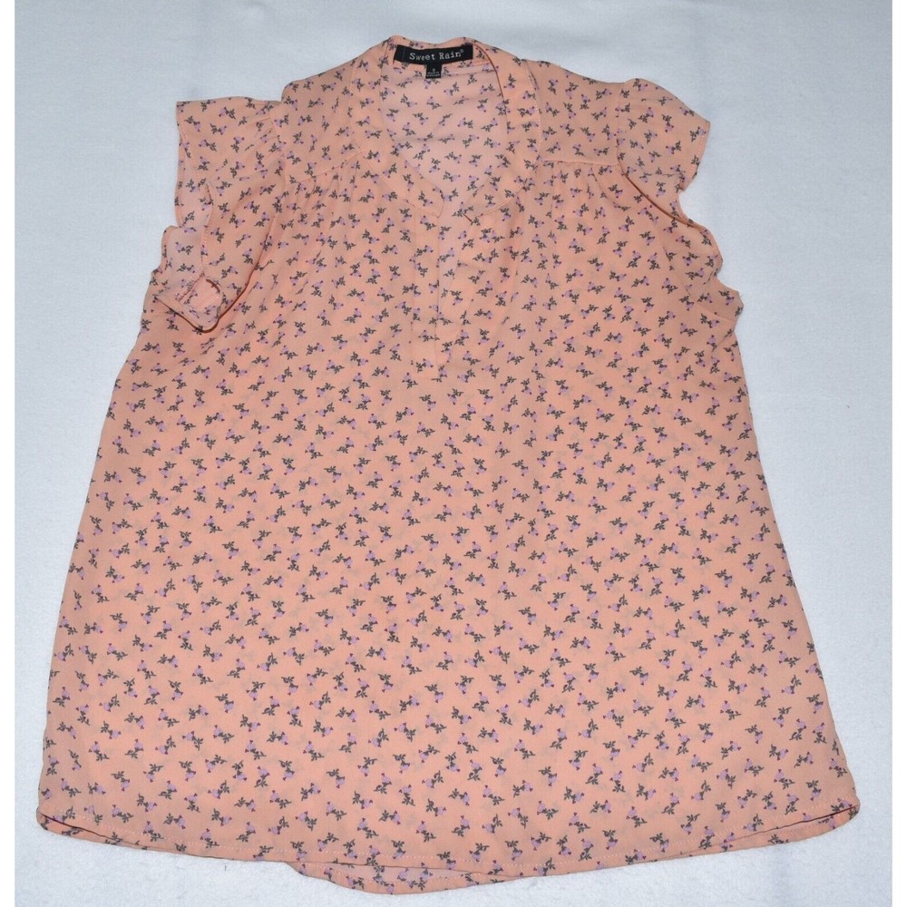 Sweet Rain Top Peach and purple flowers - Sleeveless Blouse - Size S